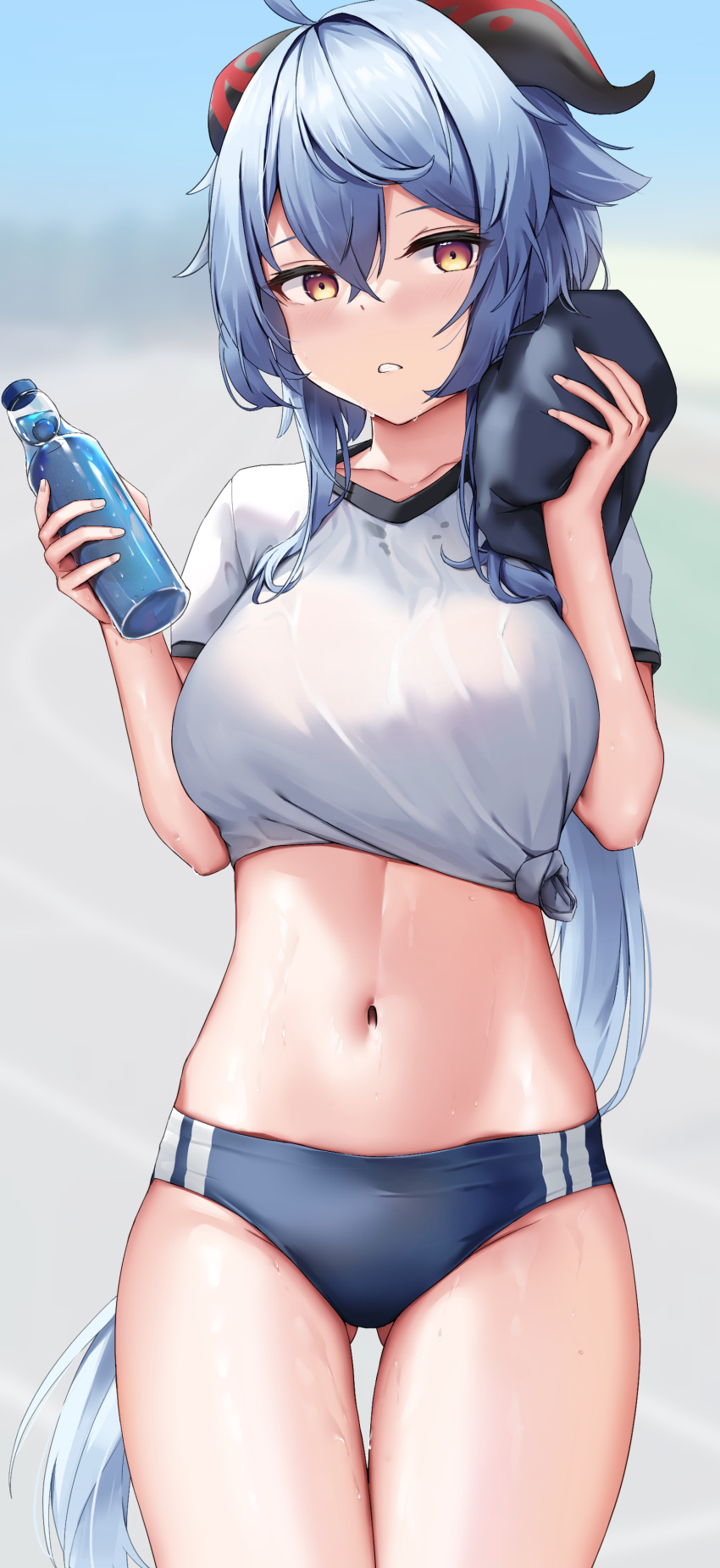 1girl blue_hair blurry_background blush breasts buruma dripping field ganyu_(genshin_impact) genshin_impact goat_horns gym_uniform highres holding looking_at_viewer navel open_mouth ponytail short_shorts shorts simple_background skai_kun solo stomach sweat teeth thighs track_and_field very_long_hair water water_bottle wet_clothes yellow_eyes