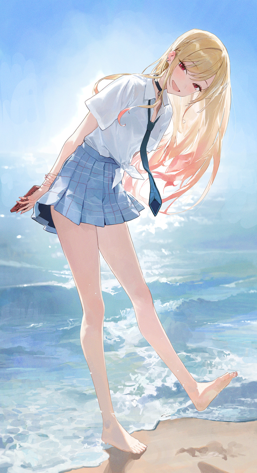 1girl absurdres arms_behind_back bangs barefoot beach blonde_hair blue_skirt blue_sky blush breasts collared_shirt dress_shirt ear_piercing earrings full_body head_tilt high-waist_skirt highres holding holding_own_arm holding_phone jewelry kitagawa_marin large_breasts long_hair long_sleeves looking_at_viewer loose_necktie modare necktie open_mouth outdoors phone piercing plaid plaid_skirt pleated_skirt red_eyes school_uniform shirt shore skirt sky sleeves_rolled_up smile solo sono_bisque_doll_wa_koi_wo_suru sunlight white_shirt