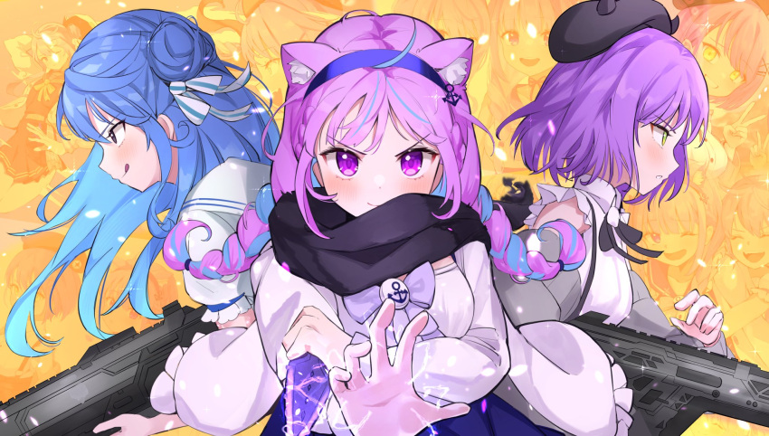 3girls anchor_symbol animal_ear_fluff animal_ears apex_legends assault_rifle black_scarf blue_hair blush breasts cat_ears cat_girl collared_shirt frilled_shirt frills gun highres hitsujisnow holding holding_gun holding_knife holding_weapon hololive hoshimachi_suisei knife licking_lips light_machine_gun medium_breasts minato_aqua multiple_girls purple_hair r-301_carbine rampage_lmg rifle scarf shirt sleeveless sleeveless_shirt tokoyami_towa tongue tongue_out v-shaped_eyebrows violet_eyes virtual_youtuber weapon white_shirt wraith's_kunai