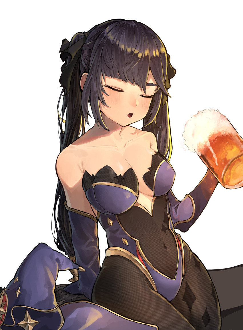 1girl absurdres bangs bare_shoulders beer_mug black_hair breasts closed_eyes collarbone covered_navel cup detached_sleeves eungi genshin_impact hat hat_removed headwear_removed highres holding holding_cup leotard long_hair medium_breasts mona_(genshin_impact) mug open_mouth purple_leotard sidelocks simple_background solo strapless strapless_leotard twintails white_background witch_hat