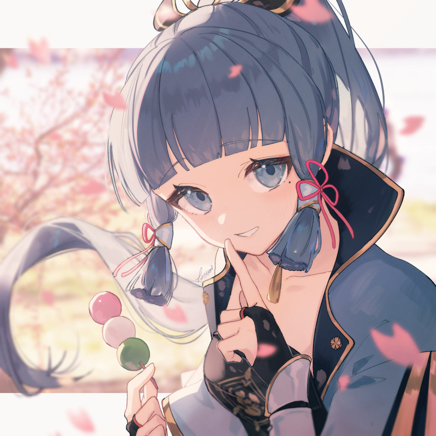 1girl :d arm_guards armor bangs blue_eyes blue_hair blunt_bangs blush breastplate bridal_gauntlets cherry_blossoms collarbone dango day eyebrows_visible_through_hair finger_to_mouth food genshin_impact hair_ribbon highres holding holding_food index_finger_raised kamisato_ayaka long_hair looking_at_viewer mole mole_under_eye outdoors outside_border parted_lips petals pink_ribbon ponytail ribbon shushing sidelocks signature smile solo tree upper_body wagashi yuno_tsuitta