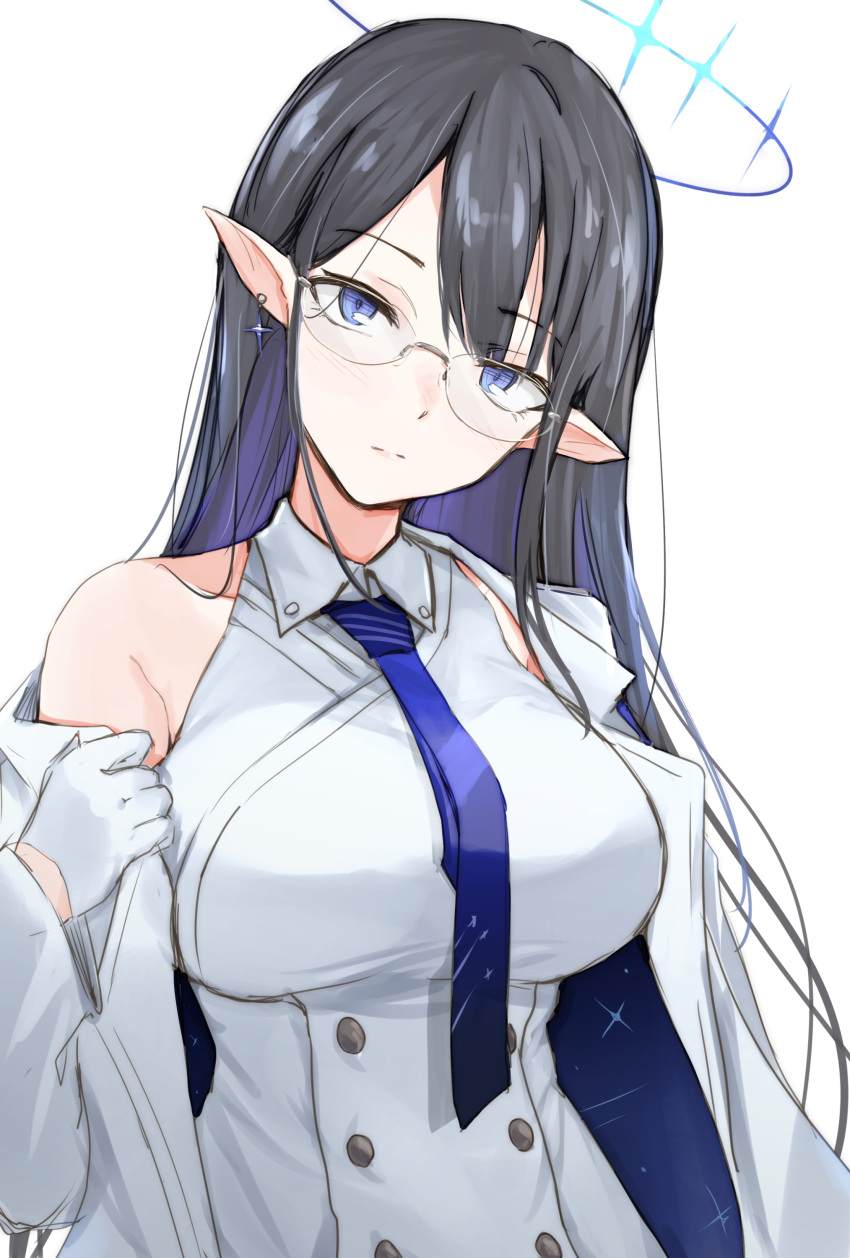 1girl absurdres black_hair blue_archive blue_eyes blue_necktie breasts expressionless eyebrows_visible_through_hair glasses gloves halo head_tilt highres jacket large_breasts long_hair looking_at_viewer necktie pointy_ears rin_(blue_archive) shirt simple_background sleeveless sleeveless_shirt solo straight_hair unu_(unucence) upper_body white_background white_gloves white_jacket white_shirt