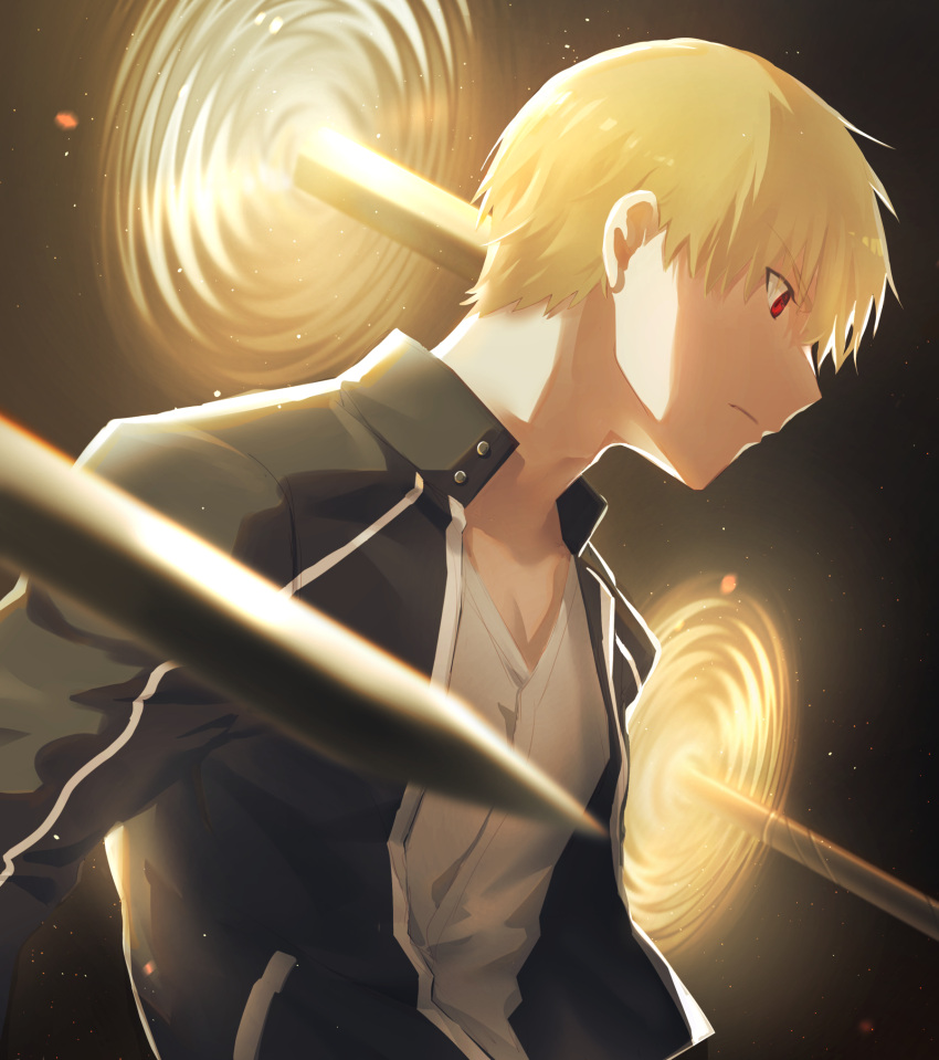 1boy bangs black_shirt blonde_hair cross cross_necklace fate/stay_night fate_(series) fighting_stance from_side gilgamesh_(fate) highres jewelry male_focus necklace red_eyes serious shirt short_hair solo tuto_(mokuchin09) upper_body