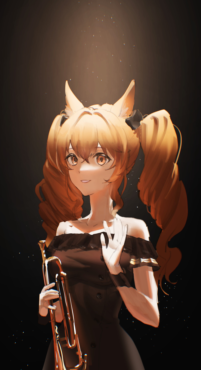 1girl absurdres angelina_(arknights) animal_ears arknights bangs bare_shoulders black_dress breasts brown_eyes brown_hair collarbone dark_background dress eyebrows_visible_through_hair fox_ears highres holding holding_instrument instrument light light_particles long_hair medium_breasts off-shoulder_dress off_shoulder official_alternate_costume parted_lips sidelocks smile solo trumpet twintails upper_body waving wrist_cuffs yurusu_delight