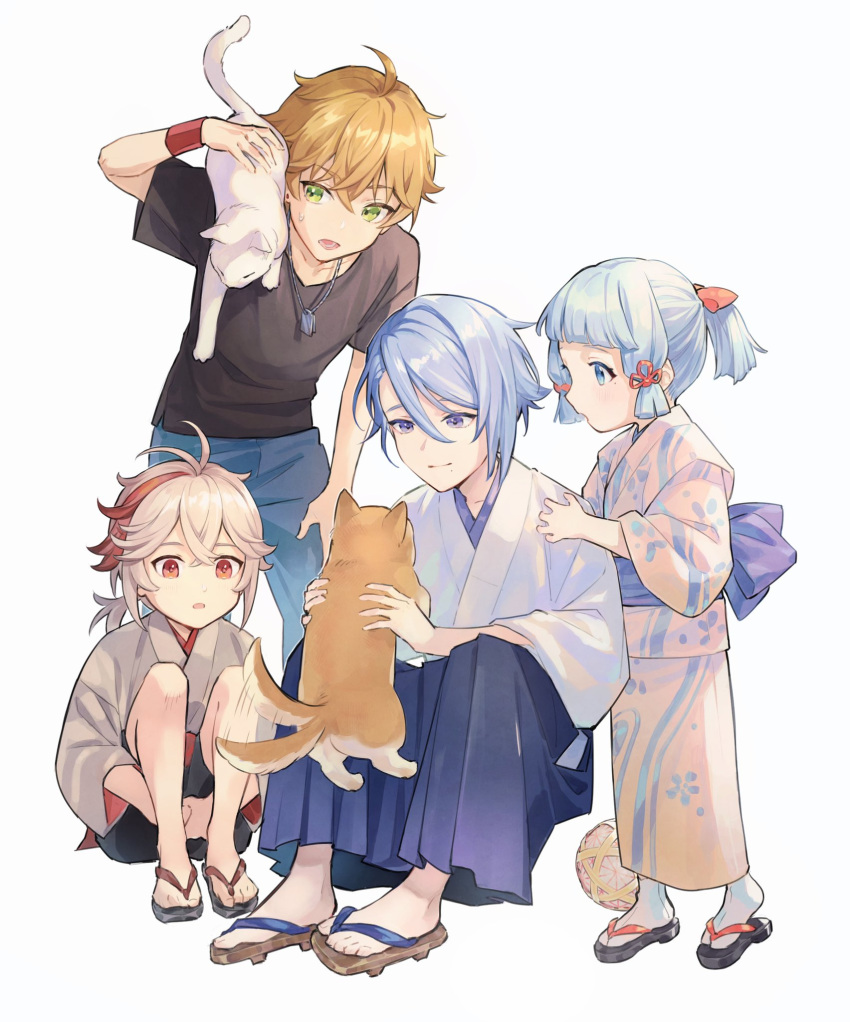 2boys 2girls age_regression animal animal_on_shoulder black_shirt blue_hair cat child commentary_request denim dog genshin_impact green_eyes grey_hair highres holding holding_animal holding_person japanese_clothes jeans jewelry kaedehara_kazuha kamisato_ayaka kamisato_ayato multicolored_hair multiple_boys multiple_girls necklace orange_hair pants red_eyes sandals shirt simple_background streaked_hair tail tail_wagging thoma_(genshin_impact) timukai two-tone_hair welsh_corgi white_background white_hair yarn yarn_ball younger