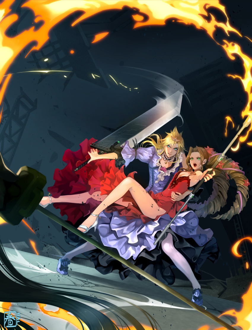 1girl 2boys aerith_gainsborough aqua_eyes bangs blonde_hair breasts brown_hair buster_sword carrying choker cloud_strife crossdressing curly_hair dress fighting_stance final_fantasy final_fantasy_vii final_fantasy_vii_remake flower full_body green_eyes hair_flower hair_ornament halu-ca high_heels highres holding holding_sword holding_weapon long_hair masamune_(ff7) materia medium_breasts medium_hair multiple_boys pantyhose parted_bangs princess_carry purple_dress red_dress ribbon_choker ringlets sephiroth square_enix staff sword tiara weapon