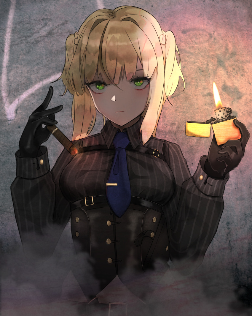 1girl absurdres bangs belt black_shirt blonde_hair blue_necktie breasts cigar closed_mouth commentary_request corset expressionless girls_frontline gloves green_eyes highres holding holding_cigar holding_lighter lighter looking_at_viewer necktie pz-15 shirt short_hair skirt smoke solo twintails upper_body welrod_mkii_(girls'_frontline)