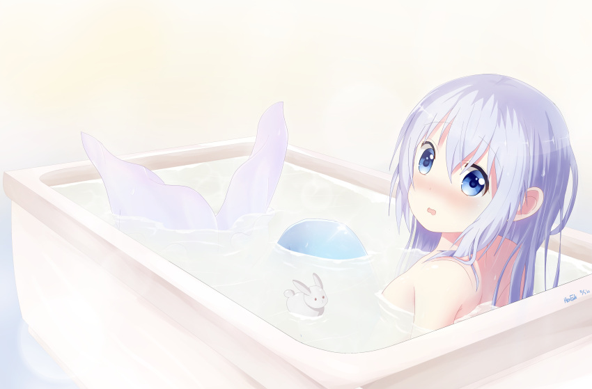 1girl absurdres bangs bath bathing bathtub blue_eyes blue_hair blush commentary_request completely_nude dated eyebrows_visible_through_hair gochuumon_wa_usagi_desu_ka? hair_between_eyes highres kafuu_chino long_hair looking_at_viewer looking_back mermaid monster_girl nude open_mouth partially_submerged solo troll_z0r