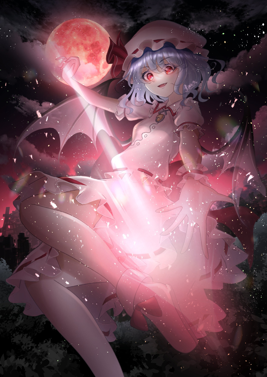 1girl :d absurdres bangs bat_wings clouds eyebrows_visible_through_hair fang full_moon hat hat_ribbon highres light_particles looking_at_viewer mob_cap moon open_mouth outdoors purple_hair red_eyes red_moon remilia_scarlet ribbon short_hair short_sleeves smile solo spear_the_gungnir sumishiro_8070 touhou wings