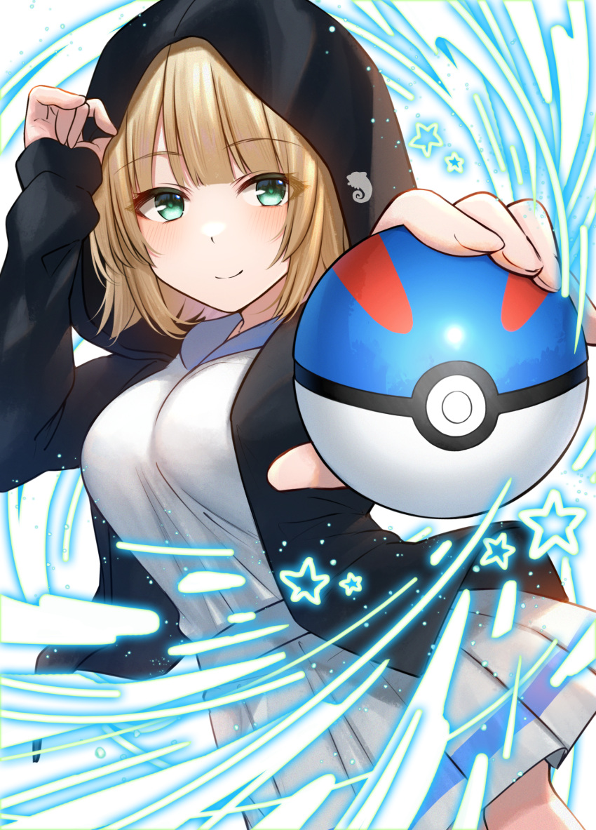 1girl absurdres akky_(akimi1127) bangs black_jacket blonde_hair blue_sailor_collar blush breasts closed_mouth eyebrows_visible_through_hair great_ball green_eyes highres holding holding_poke_ball hood hood_up hooded_jacket jacket long_sleeves looking_at_viewer medium_breasts official_art open_clothes open_jacket original outstretched_arm pleated_skirt poke_ball sailor_collar school_uniform serafuku shirt skirt sleeves_past_wrists smile solo star_(symbol) white_shirt white_skirt