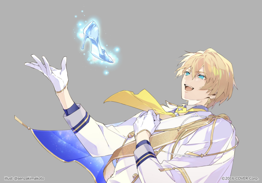 1boy :d blonde_hair blue_eyes buttons capelet collared_shirt copyright double-breasted epaulettes glass_slipper gloves gold_trim grey_background grey_shirt hand_on_own_chest holostars jacket kishido_temma looking_at_object looking_up male_focus necktie official_art outstretched_hand senzaki_makoto shirt short_hair shoulder_sash simple_background smile solo teeth twitter_username two-sided_fabric upper_body upper_teeth virtual_youtuber white_capelet white_gloves white_jacket yellow_necktie