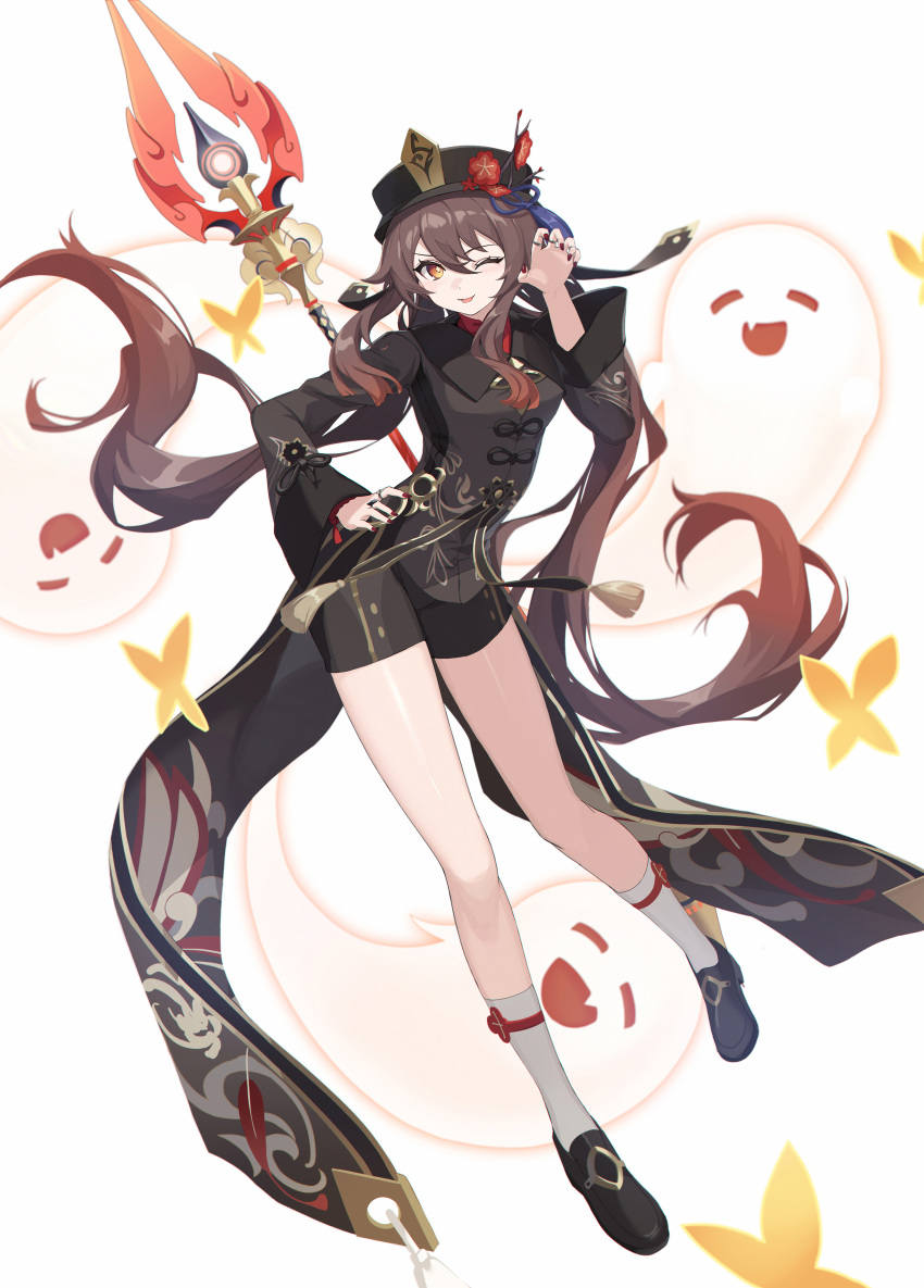 1girl :d ;p ^_^ ^o^ absurdres bangs black_coat black_footwear black_shorts breasts brown_hair chinese_knot claw_pose closed_eyes coat coattails collared_coat eruthika fang flower flower-shaped_pupils full_body genshin_impact hand_on_hip hand_up hat highres hitodama hu_tao_(genshin_impact) kneehighs legs long_bangs long_hair looking_at_viewer medium_breasts one_eye_closed plum_blossoms polearm porkpie_hat red_nails red_shirt shirt shorts simple_background skin_fang smile solo spear symbol-shaped_pupils tongue tongue_out twintails weapon white_background white_legwear yellow_eyes