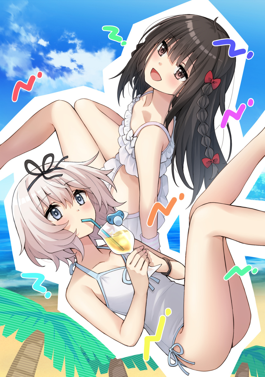2girls :d bangs bare_arms bare_legs bare_shoulders bendy_straw bikini black_hair black_ribbon blue_sky blush bow braid brown_eyes casual_one-piece_swimsuit clouds cloudy_sky commentary_request cup day drinking_straw eyebrows_visible_through_hair feet_out_of_frame frilled_bikini frills grey_eyes grey_hair hair_between_eyes hair_bow hair_ribbon hanamura_hinako highres holding holding_cup horizon kitanai_kimi_ga_ichiban_kawaii long_hair multiple_girls ocean one-piece_swimsuit outdoors outline pacifier palm_tree red_bow ribbon sezaki_airi sky smile somechime_(sometime1209) swimsuit tree water white_bikini white_outline white_swimsuit