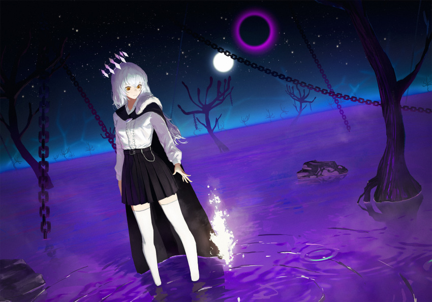 1girl bare_tree belt black_cape black_skirt brown_eyes cape chain closed_mouth commission cool4noodle crystal elden_ring frills fur_trim glowing halo highres long_hair mole mole_under_eye moon night night_sky original reflection ripples rock shirt_tucked_in skirt sky solo standing star_(sky) starry_sky tree wading water white_hair white_legwear