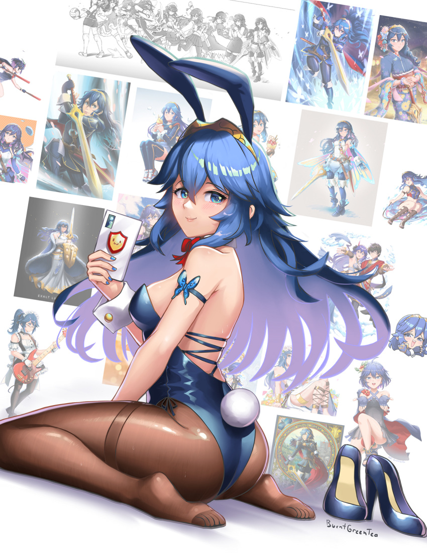 1girl animal_ears armlet artist_name ass back birthmark blue_eyes blue_hair blue_leotard blush breasts brown_legwear bug burnt_green_tea butterfly cellphone detached_collar fake_animal_ears fire_emblem fire_emblem_awakening high_heels highleg highleg_leotard highres holding holding_phone leotard looking_at_viewer looking_back lucina_(fire_emblem) medium_breasts pantyhose phone playboy_bunny rabbit_tail shoes shoes_removed sideboob signature smartphone smile soles solo strapless strapless_leotard tail thighs tiara wrist_cuffs