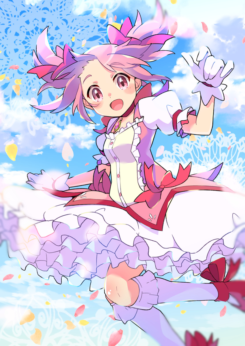 1girl absurdres bubble_skirt choker feet_out_of_frame frilled_legwear frilled_skirt frills gloves hair_ornament hair_ribbon highres kaname_madoka kneehighs looking_at_viewer magical_girl mahou_shoujo_madoka_magica open_mouth pink_eyes pink_hair pon_yui puffy_short_sleeves puffy_sleeves red_choker red_footwear ribbon ribbon_choker shoes short_sleeves short_twintails skirt solo twintails white_gloves white_legwear