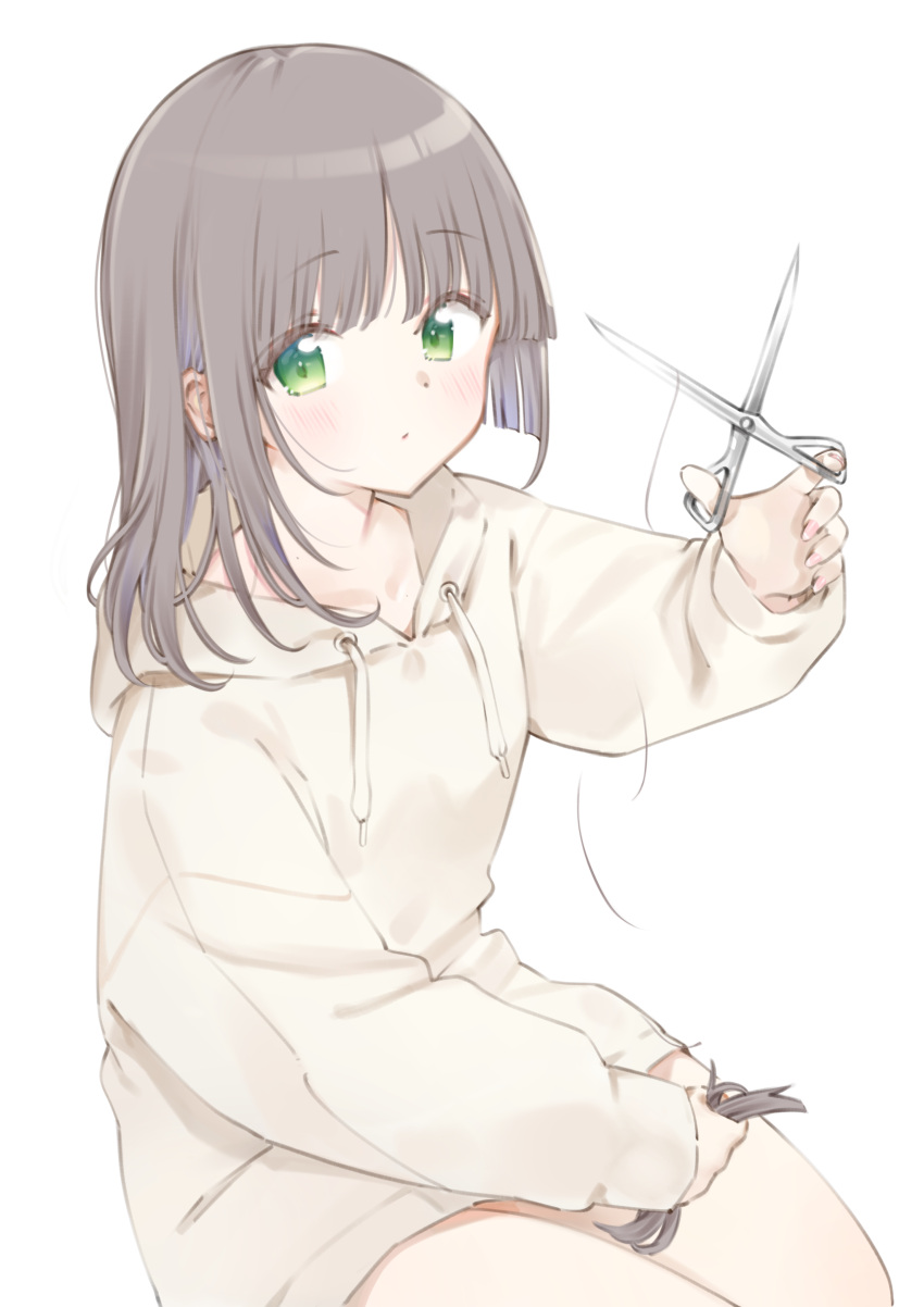 1girl absurdres bangs blush brown_hair closed_mouth cutting_hair dress eyebrows_visible_through_hair green_eyes highres holding holding_scissors hood hoodie hoodie_dress long_hair long_sleeves looking_at_viewer maigoyaki original scissors simple_background sitting solo white_background white_dress white_hoodie