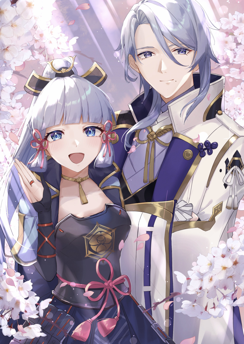 1boy 1cm137w 1girl absurdres armor bangs blue_eyes blue_hair blunt_bangs breastplate brother_and_sister genshin_impact highres kamisato_ayaka kamisato_ayato looking_at_viewer mole mole_under_eye mole_under_mouth open_mouth ponytail siblings smile