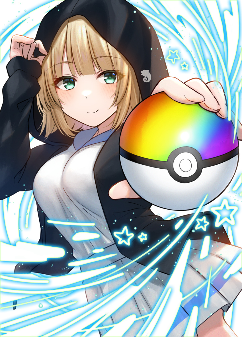 1girl absurdres akky_(akimi1127) bangs black_jacket blonde_hair blue_sailor_collar blush breasts closed_mouth eyebrows_visible_through_hair green_eyes highres holding holding_poke_ball hood hood_up hooded_jacket jacket long_sleeves looking_at_viewer medium_breasts official_art open_clothes open_jacket original outstretched_arm pleated_skirt poke_ball sailor_collar school_uniform serafuku shirt skirt sleeves_past_wrists smile solo star_(symbol) white_shirt white_skirt
