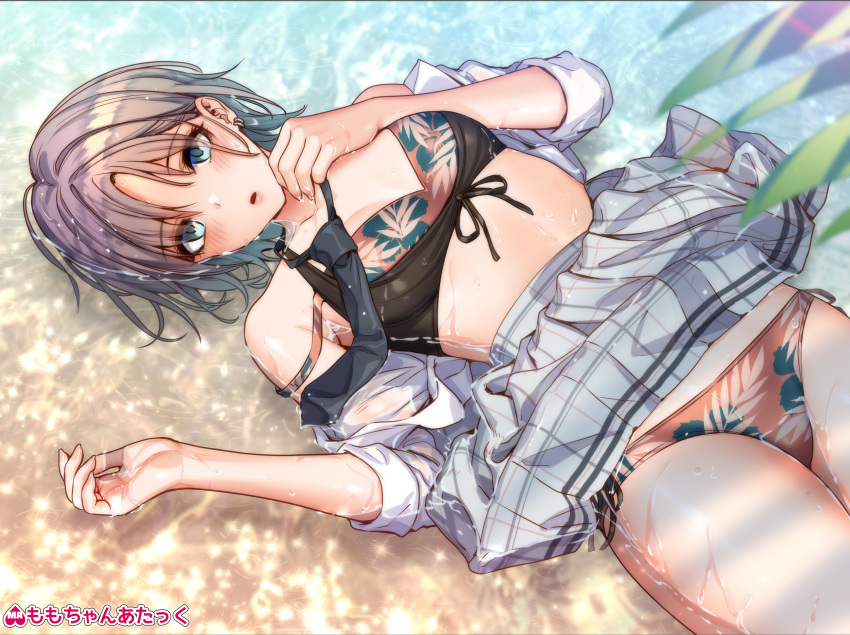 1girl artist_name asakura_tooru bangs bare_shoulders bikini bikini_under_clothes black_bikini black_necktie blue_eyes blue_hair blurry blurry_foreground blush breasts brown_bikini clothes_lift collarbone commentary_request cowboy_shot day dress_shirt earrings eyebrows_visible_through_hair fingernails floral_print from_above front-tie_bikini front-tie_top gradient_hair grey_skirt hands_up heart highres idolmaster idolmaster_shiny_colors jewelry layered_bikini looking_at_viewer lying medium_breasts miniskirt momo-chan_atakku multicolored_hair necktie off_shoulder on_back open_clothes open_shirt outdoors palm_leaf parted_lips partially_submerged plaid plaid_skirt purple_hair school_uniform shallow_water shirt short_hair side-tie_bikini skirt skirt_lift sleeves_past_elbows sleeves_pushed_up solo strap_slip swimsuit two-tone_hair water water_drop wet wet_clothes wet_hair wet_shirt wet_skirt white_shirt
