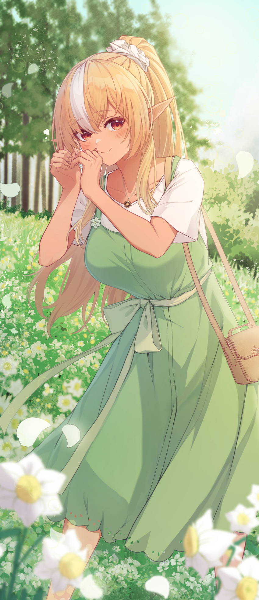 1girl absurdres bag bangs blonde_hair blush closed_mouth dark-skinned_female dark_skin day dress elf eyebrows_visible_through_hair feet_out_of_frame field flower flower_field green_dress hair_between_eyes hair_ornament hair_scrunchie hands_up heart heart_hands highres hololive looking_at_viewer multicolored_hair outdoors petals pinafore_dress pointy_ears ponytail red_eyes scrunchie shiranui_flare shirt short_sleeves shoulder_bag smile solo standing streaked_hair tang-du tree virtual_youtuber white_flower white_hair white_shirt