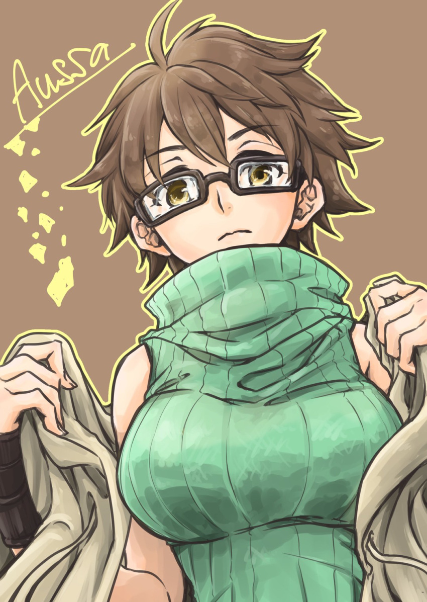 1girl alpha_tama aussa_the_earth_charmer bangs bare_shoulders breasts brown_background brown_coat brown_eyes brown_hair character_name closed_mouth coat commentary_request duel_monster eyebrows_visible_through_hair glasses green_sweater hair_between_eyes highres holding holding_clothes holding_coat large_breasts looking_at_viewer off_shoulder outline partial_commentary ribbed_sweater short_hair sidelocks simple_background sleeveless sleeveless_sweater sleeveless_turtleneck solo standing sweater turtleneck upper_body yu-gi-oh!