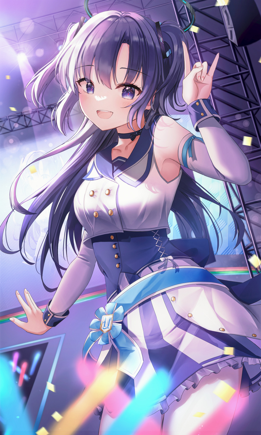 1girl absurdres armpits blue_archive breasts detached_sleeves eyebrows_visible_through_hair hair_between_eyes hair_ornament halo highres idol indoors li_se long_hair open_mouth purple_hair skirt small_breasts smile stage stage_lights standing twintails violet_eyes yuuka_(blue_archive)