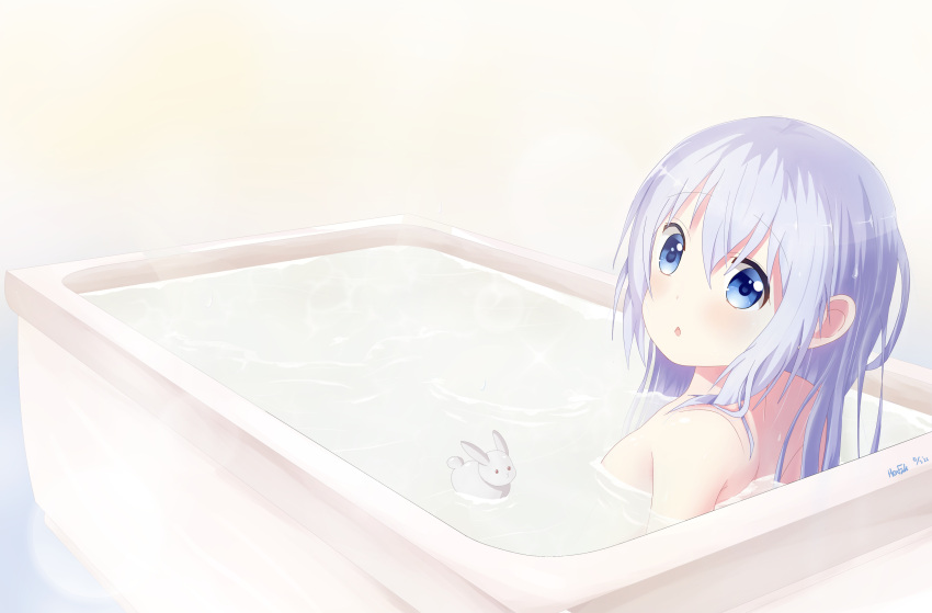 1girl absurdres bangs bath bathing bathtub blue_eyes blue_hair commentary_request completely_nude dated eyebrows_visible_through_hair gochuumon_wa_usagi_desu_ka? hair_between_eyes highres kafuu_chino long_hair looking_at_viewer looking_back nude open_mouth partially_submerged solo troll_z0r