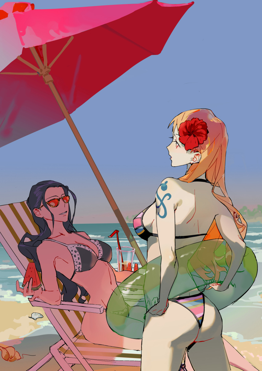 2girls absurdres ass beach beach_chair beach_umbrella bikini black_hair flower hair_flower hair_ornament highres long_hair multiple_girls nami_(one_piece) nico_robin one_piece orange_eyes orange_hair parasol shoulder_tattoo sunglasses swimsuit taobuliaoke tattoo umbrella