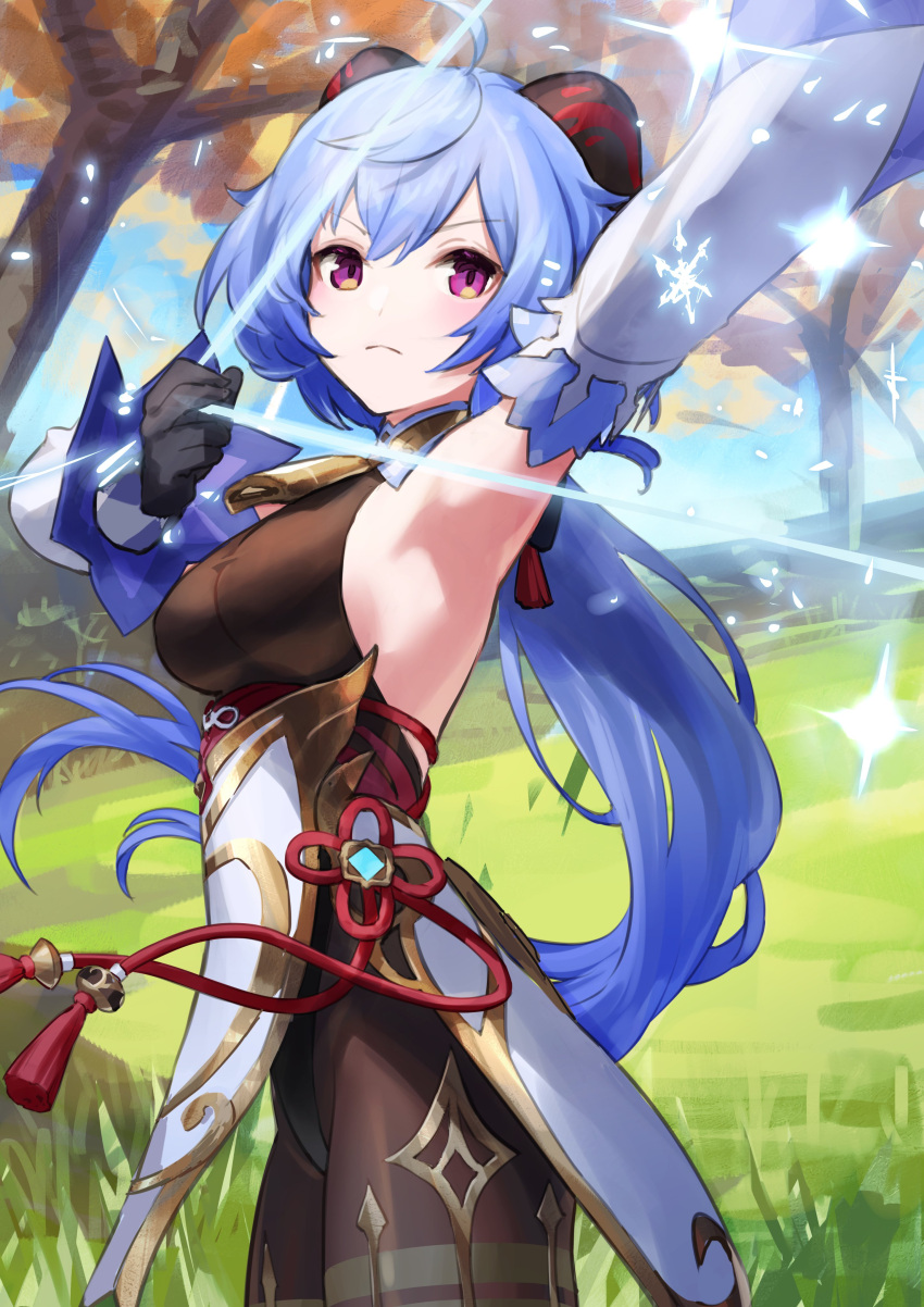 &gt;:( 1girl absurdres ahoge arm_up armpits bangs bare_shoulders bell black_gloves black_legwear black_leotard blue_hair bodystocking bodysuit bow_(weapon) breasts chinese_knot detached_sleeves drawing_bow eyebrows_visible_through_hair flower_knot from_side ganyu_(genshin_impact) genshin_impact gloves gold_trim highres holding holding_bow_(weapon) holding_weapon horns leotard leotard_under_clothes long_hair looking_at_another low_ponytail medium_breasts neck_bell nemoto_yuuma outdoors pelvic_curtain raised_eyebrows red_rope rope sideboob sidelocks snowflakes solo standing tassel thighlet thighs tree v-shaped_eyebrows violet_eyes vision_(genshin_impact) weapon white_sleeves