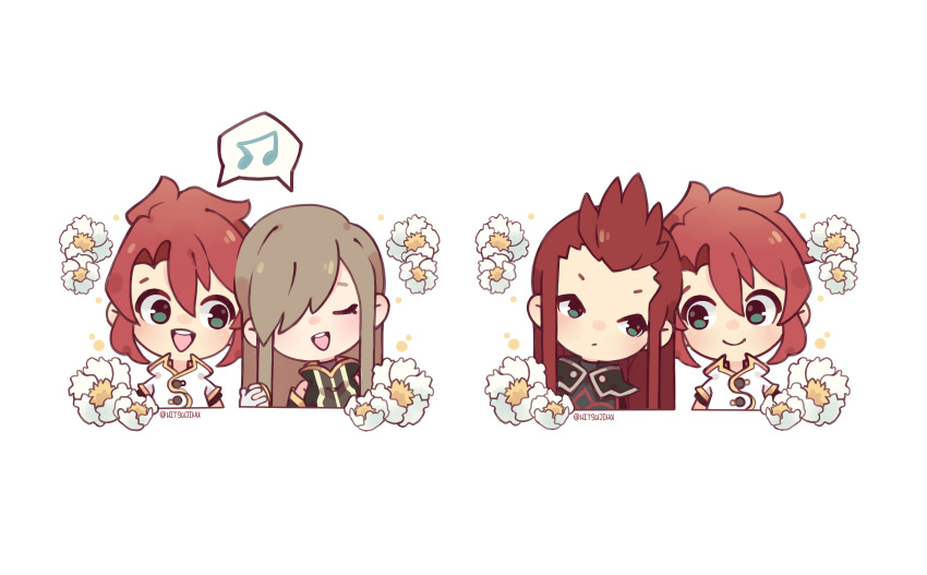 1girl 2boys absurdres asch_(tales) brown_hair chibi closed_mouth flower green_eyes hair_over_one_eye highres hitsujinu long_hair looking_at_another luke_fon_fabre multiple_boys music open_mouth redhead short_hair singing tales_of_(series) tales_of_the_abyss tear_grants white_background
