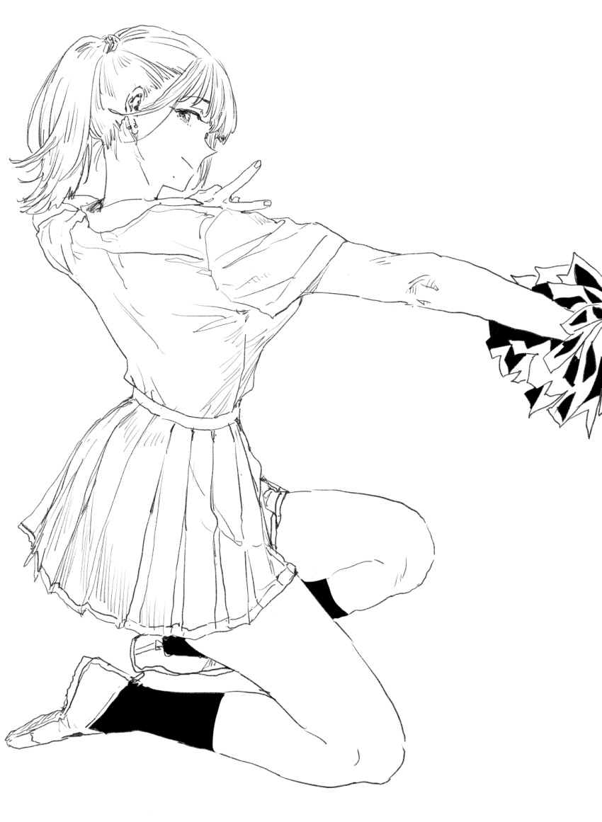 closed_mouth ear_piercing earrings fingernails goshiki_suzu greyscale hatching highres jewelry looking_at_viewer looking_back mole mole_under_mouth monochrome one_knee original piercing pom_pom_(clothes) ponytail shirt_tucked_in simple_background sketch skirt smile socks v white_background