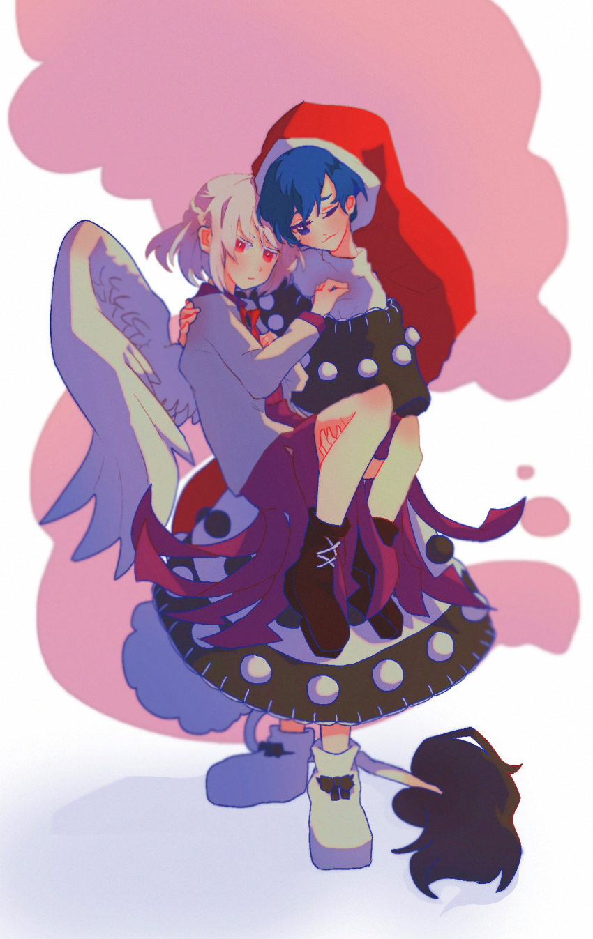 2girls ;3 bangs black_dress blue_eyes blue_hair blush bow bowtie braid carrying colored_eyelashes doremy_sweet dress eyebrows_visible_through_hair feathered_wings french_braid full_body hair_between_eyes hair_bow half_updo hand_on_another's_chest hat highres jacket jewelry kishin_sagume long_sleeves looking_at_viewer minamia23 multicolored_clothes multicolored_dress multiple_girls one_eye_closed outline pom_pom_(clothes) princess_carry purple_dress red_bow red_bowtie red_headwear ring santa_hat short_hair sidelocks silver_hair simple_background single_wing smile socks standing tail tapir_tail thighs touhou white_background white_dress white_legwear white_outline white_wings wings yuri