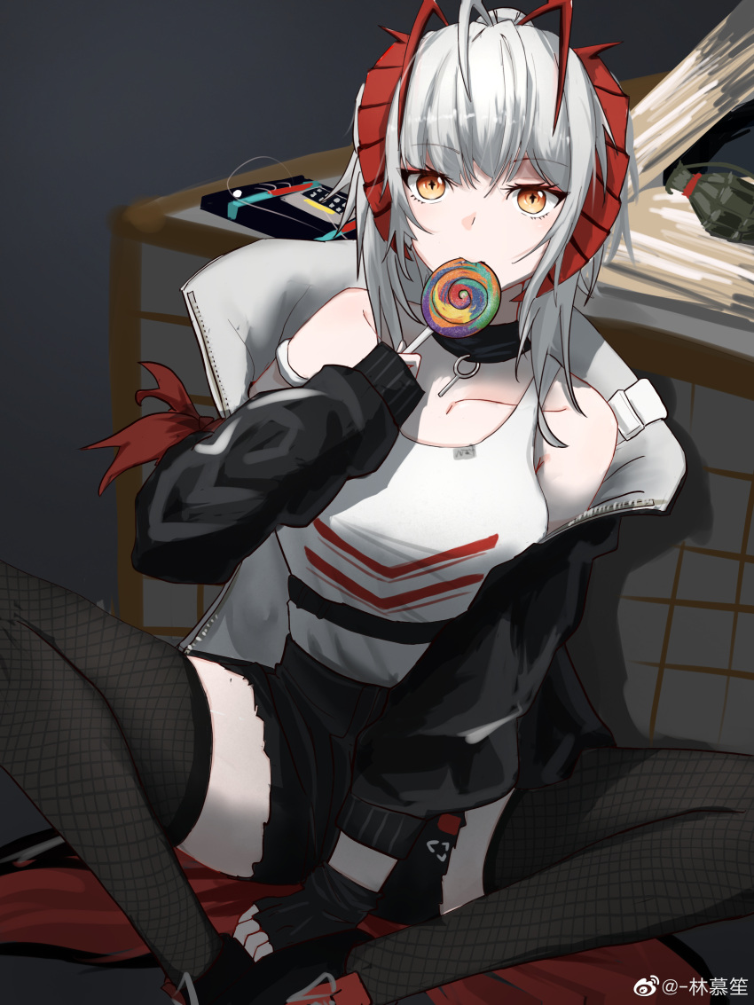 +_+ 1girl absurdres antenna_hair arknights artist_name bangs bare_shoulders black_background black_gloves black_jacket black_legwear black_shorts breasts candy collarbone detonator eating explosive eyebrows_visible_through_hair fingerless_gloves food gloves grenade highres holding holding_food horns jacket linmusheng lollipop long_sleeves looking_at_viewer medium_breasts multicolored_hair official_alternate_costume open_clothes open_jacket orange_eyes redhead shirt short_hair short_shorts shorts silver_hair simple_background sitting sleeves_past_wrists solo spread_legs table tank_top thigh-highs two-tone_hair w_(arknights) weibo_username white_shirt