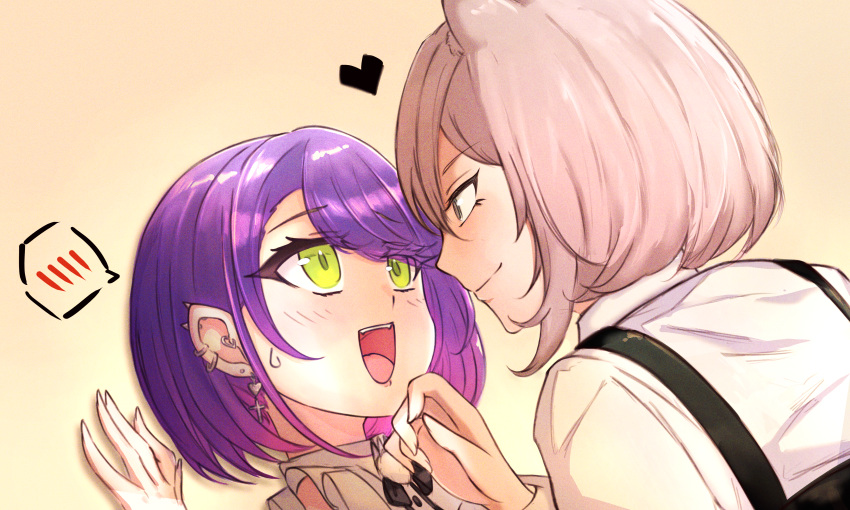 2girls absurdres animal_ears blush commentary_request earrings eye_contact face-to-face from_behind grey_eyes hand_on_another's_chin heart highres hololive jewelry kabedon lion_ears looking_at_another multiple_earrings multiple_girls open_mouth purple_hair shishiro_botan short_hair silver_hair smile spoken_blush sweat tokoyami_towa twintails upper_body virtual_youtuber yuri zexalmike