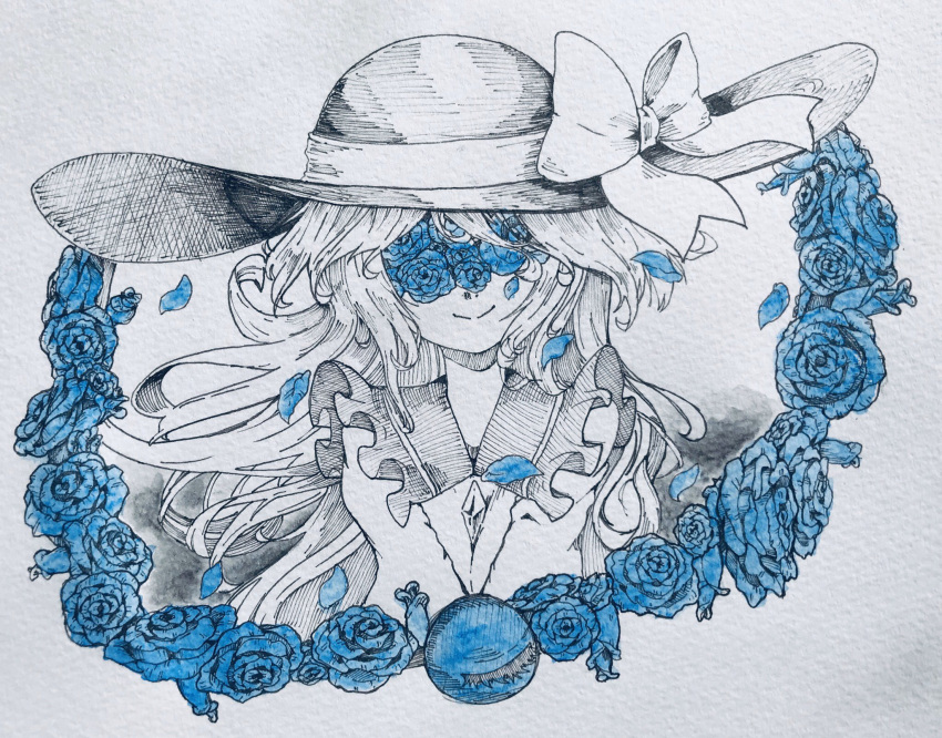 1girl anderson_m0311 blouse blue_flower blue_rose bow buttons closed_mouth commentary diamond_button floating_hair flower frilled_shirt_collar frills greyscale hat hat_bow hatching_(texture) hidden_eyes highres komeiji_koishi linear_hatching long_hair monochrome petals rose rose_petals smile solo spot_color third_eye touhou traditional_media upper_body v_arms