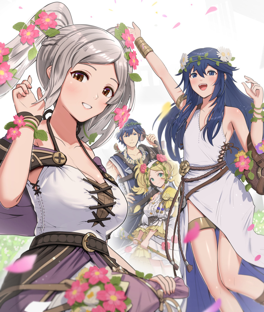 1boy 3girls :d arm_up armlet bangs bare_shoulders belt blonde_hair blue_eyes blue_hair blush bouquet breasts brown_eyes camisole chrom_(fire_emblem) commentary_request dress father_and_daughter fire_emblem fire_emblem_awakening flower gonzarez grin hair_between_eyes hair_flower hair_ornament hand_on_hip highres lissa_(fire_emblem) long_hair looking_at_viewer lucina_(fire_emblem) medium_breasts multiple_girls open_mouth pink_flower robin_(fire_emblem) robin_(fire_emblem)_(female) smile twintails upper_body white_background white_dress white_flower