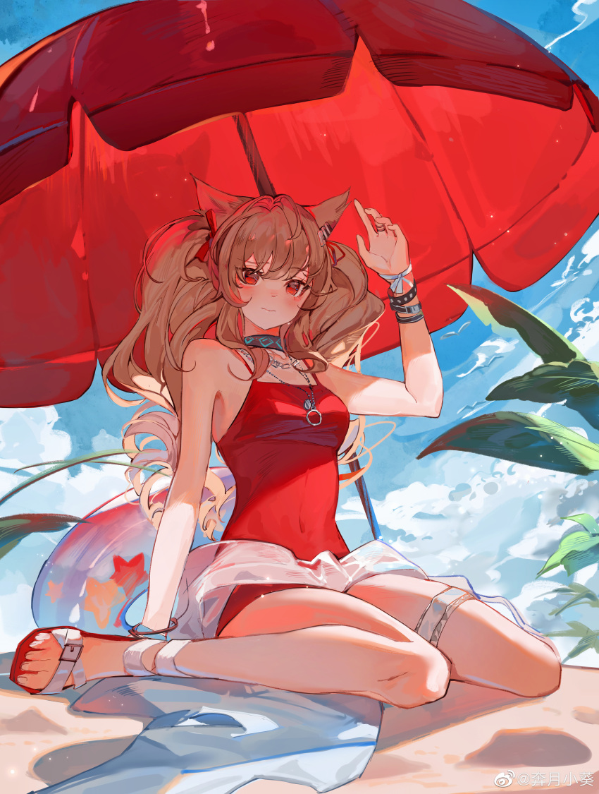 1girl absurdres angelina_(arknights) angelina_(summer_flowers)_(arknights) animal_ears arknights bare_shoulders beach benyue_xiao_kui brown_hair cat_ears chain_necklace chinese_commentary choker clouds commentary_request covered_navel curly_hair day drill_hair hair_intakes hair_ribbon hand_up highres innertube jewelry leaf leg_garter long_hair looking_at_viewer necklace official_alternate_costume one-piece_swimsuit outdoors parasol red_eyes red_swimsuit ribbon ring sand sandals sidelocks sitting sky solo swimsuit twin_drills twintails umbrella wariza wristband
