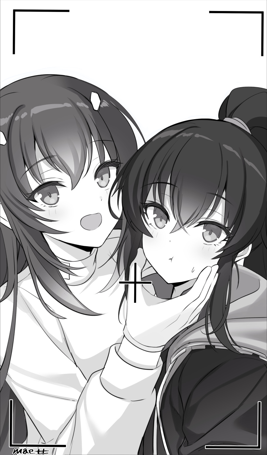 2girls :d :t absurdres artist_name bangs blush collared_shirt counter:side crossed_bangs eyebrows_visible_through_hair from_above gloves greyscale group_picture hair_between_eyes hair_ornament hand_on_another's_chin hand_up highres hood hooded_jacket jacket long_hair long_sleeves looking_at_viewer looking_up maett monochrome multiple_girls ponytail seo_yoon shirt sidelocks smile sweatdrop upper_body viewfinder yoo_mina