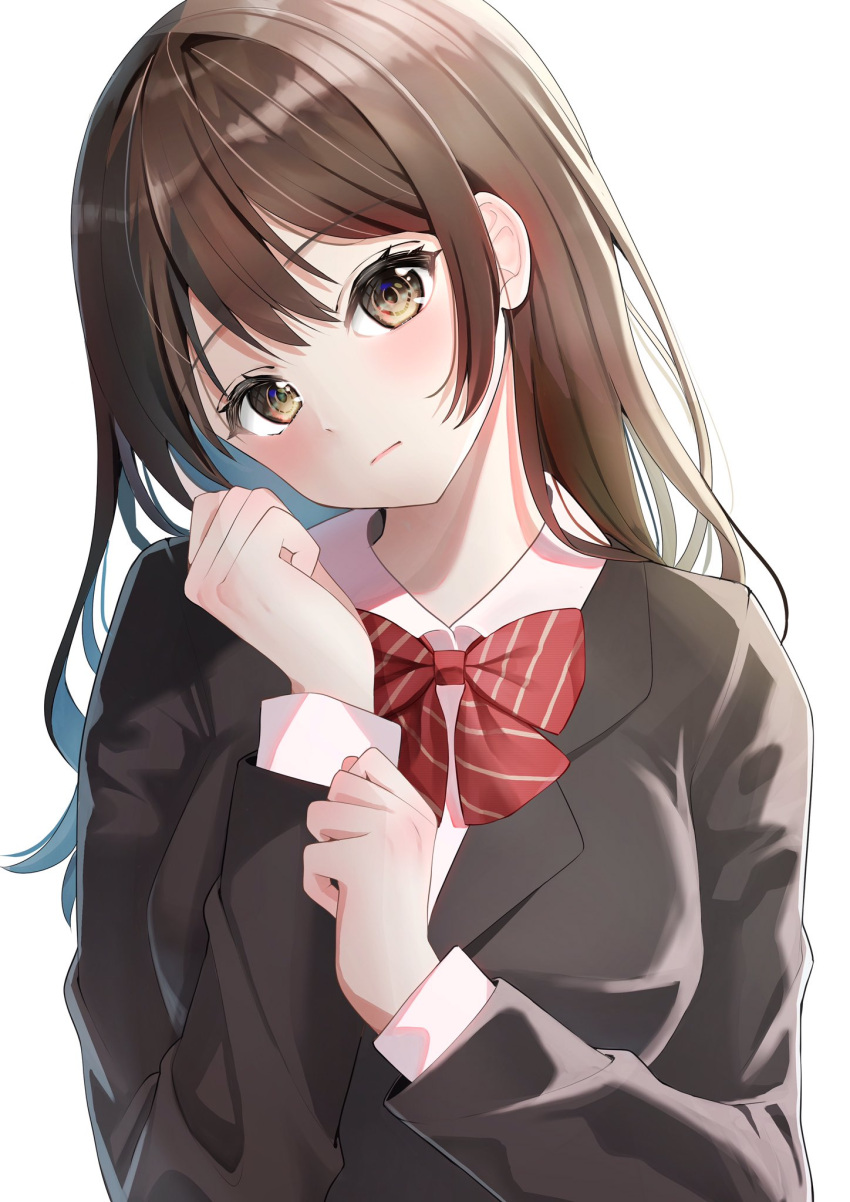 1girl bangs black_jacket bow bowtie brown_eyes brown_hair closed_mouth collared_shirt colored_inner_hair eyebrows_visible_through_hair hair_between_eyes head_tilt highres jacket long_hair long_sleeves looking_at_viewer multicolored_hair nao_(nao85364) original red_bow red_bowtie school_uniform shirt silver_hair simple_background solo straight_hair striped striped_bow striped_bowtie two-tone_hair upper_body white_background white_shirt wing_collar