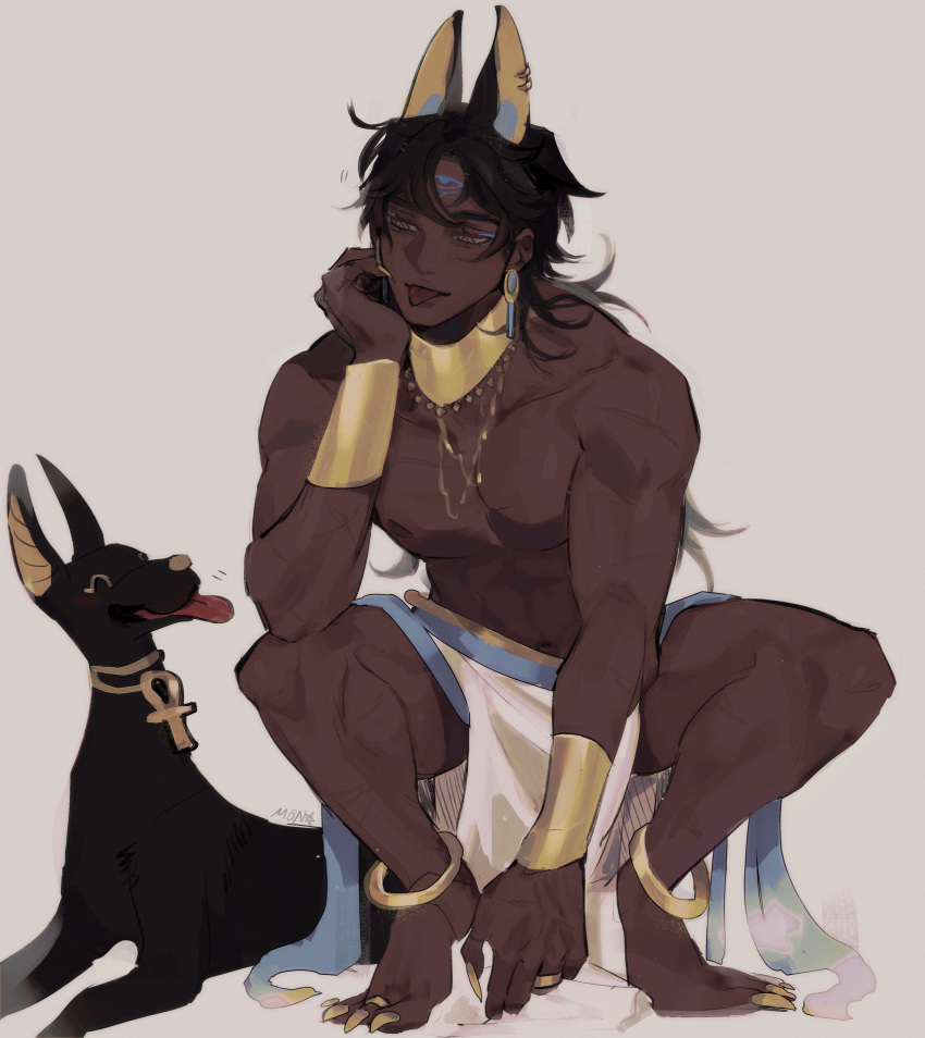 1boy absurdres animal animal_ears ankh anklet anpu_(monmeon) arm_on_shoulder black_hair blue_eyeshadow bracer dark_skin ear_piercing earrings egyptian egyptian_clothes eye_of_horus eyeshadow facial_mark fingernails forehead_mark full_body head_rest highres jackal jackal_boy jackal_ears jewelry long_hair looking_at_animal makeup monmeon muscular muscular_male neck_ring necklace original pectorals pelvic_curtain piercing ring scar scar_on_arm scar_on_chest scar_on_leg scar_on_stomach sharp_fingernails sharp_toenails signature solo squatting toenails tongue tongue_out topless_male white_background yellow_eyes yellow_nails