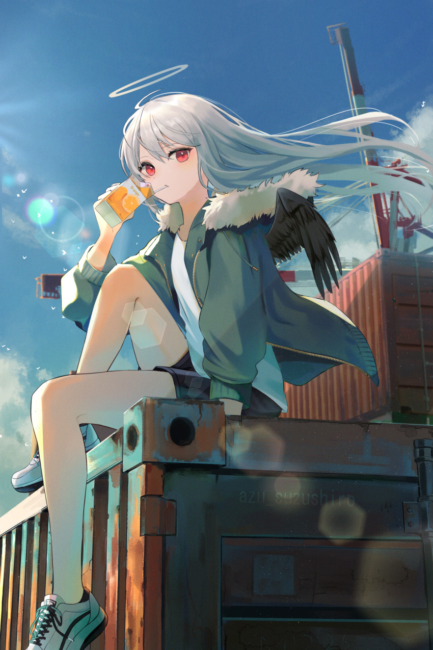 1girl azuazu_0405 bangs bare_legs black_shorts black_wings blue_jacket blue_sky clouds container crane_(machine) day drinking feathered_wings floating_hair fur-trimmed_jacket fur_trim halo highres holding jacket juice_box knee_up lens_flare long_hair long_sleeves open_clothes open_jacket original outdoors red_eyes shirt shoes shorts silver_hair sitting sky sneakers solo white_footwear white_shirt wind wings wings_through_clothes