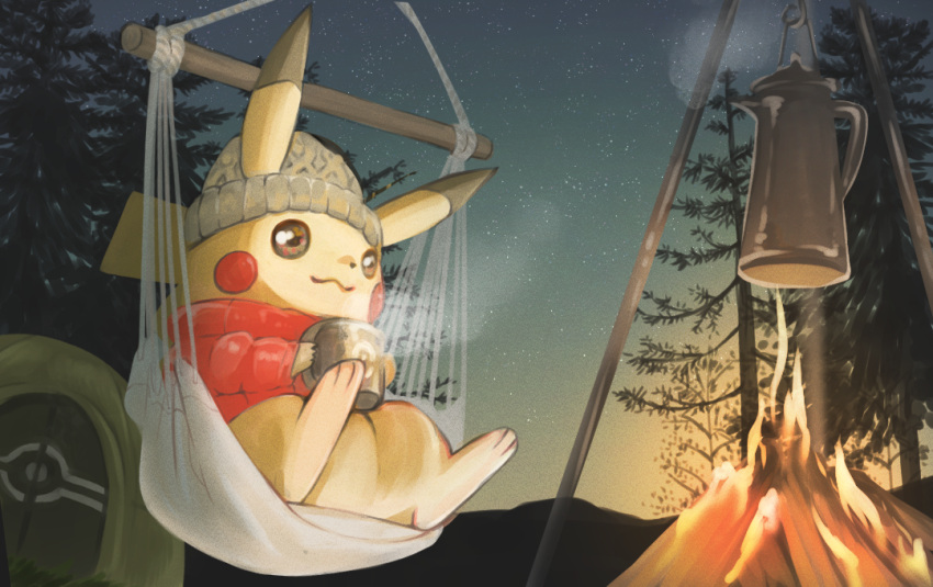 :3 beanie brown_eyes campfire camping closed_mouth clothed_pokemon commentary_request cup fire from_below grey_headwear hat hatted_pokemon holding holding_cup jacket long_sleeves mocha_fushigi mug night outdoors pikachu poke_ball_print pokemon red_jacket silhouette sitting sky smile star_(sky) steam tent tree