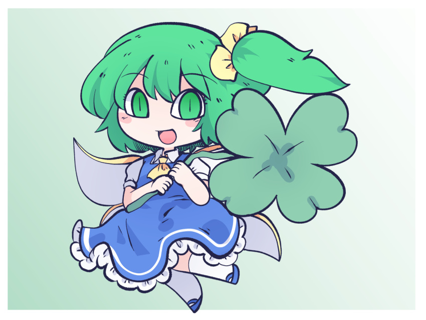 1girl blue_dress blush_stickers clover collared_shirt daiyousei dress eyebrows_visible_through_hair fairy fairy_wings four-leaf_clover fried_rice0614 full_body green_eyes green_hair hair_between_eyes holding holding_plant kneehighs long_hair one-hour_drawing_challenge open_mouth plant puffy_short_sleeves puffy_sleeves shirt short_sleeves side_ponytail smile solo touhou white_legwear white_shirt wings