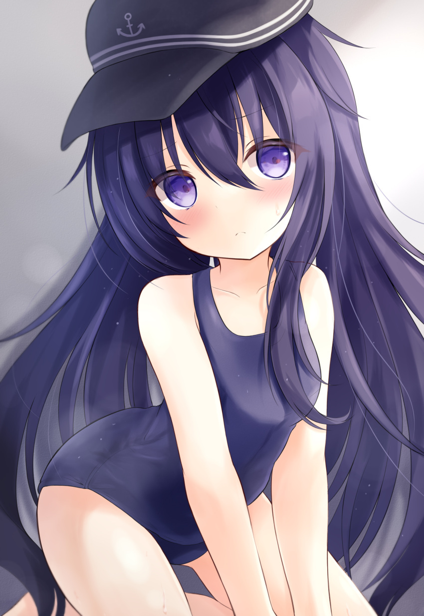 1girl absurdres akatsuki_(kancolle) anchor_symbol bare_arms bare_legs bare_shoulders black_headwear black_swimsuit blush closed_mouth collarbone eyebrows_visible_through_hair flat_cap hair_between_eyes hat highres kantai_collection kata_rosu long_hair one-piece_swimsuit purple_hair school_swimsuit solo swimsuit violet_eyes