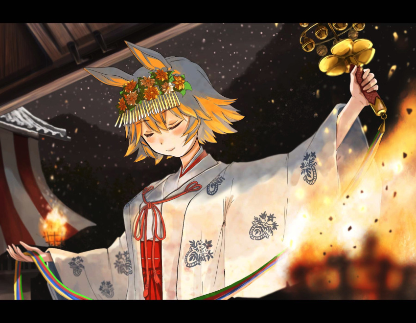 1girl bangs bell blurry blurry_foreground blush closed_eyes closed_mouth embers fire flower hair_flower hair_ornament hakama highres inuyamadon japanese_clothes jingle_bell kagura_suzu kimono letterboxed matikanefukukitaru_(umamusume) mountain night orange_hair outdoors ribbon short_sleeves smile snow solo tree umamusume upper_body white_kimono