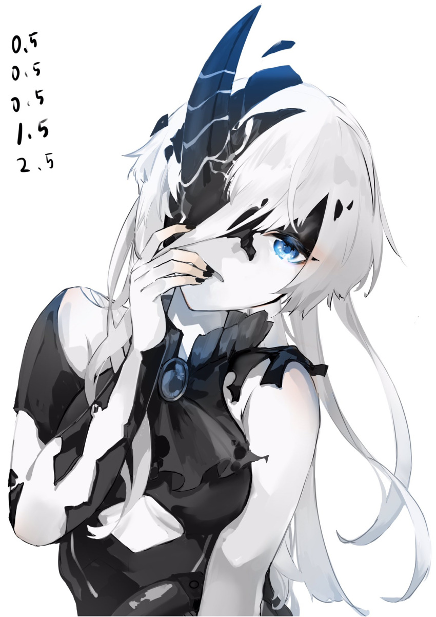 1girl abyssal_ship asymmetrical_horns black_swimsuit blue_eyes character_request colored_skin completion_time hand_up head_tilt highres horns kantai_collection long_hair looking_at_viewer neko_(ganecooo) parted_lips simple_background single_horn solo swimsuit white_background white_hair white_skin