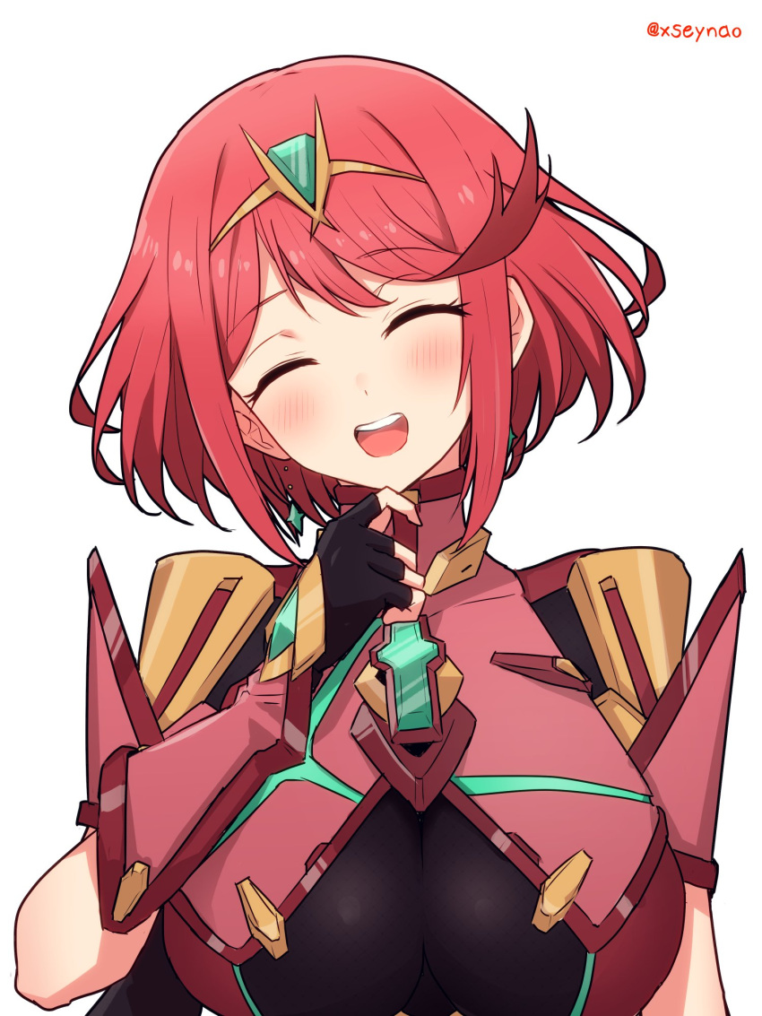 1girl bangs black_gloves breasts chest_jewel earrings fingerless_gloves gem gloves headpiece highres jewelry large_breasts mochimochi_(xseynao) pyra_(xenoblade) redhead short_hair simple_background smile solo swept_bangs tiara white_background xenoblade_chronicles_(series) xenoblade_chronicles_2