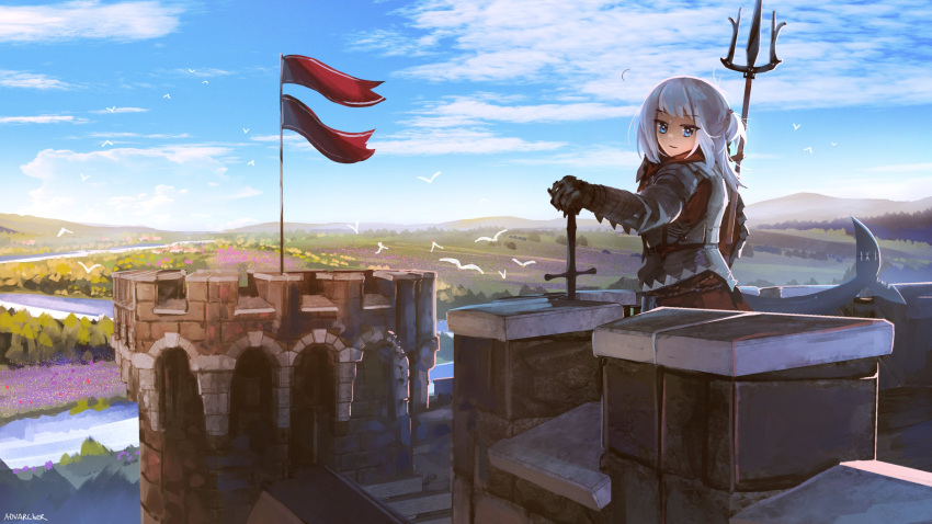 1girl anonamos armor bangs bird blue_eyes blue_hair blue_sky blunt_bangs castle clouds eyebrows_visible_through_hair fish_tail flag flower forest gawr_gura highres hololive hololive_english holomyth knight looking_at_viewer mountain multicolored_hair nature polearm red_flag river shark_girl shark_tail short_twintails sky solo streaked_hair sword tail tree trident twintails two-tone_hair virtual_youtuber water weapon white_hair