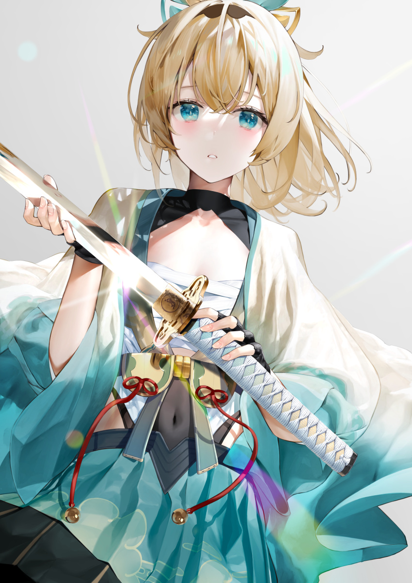 1girl absurdres bangs black_gloves blonde_hair blue_eyes blue_skirt collarbone commentary_request covered_collarbone covered_navel daitai_sotogawa_(futomomo) eyebrows_behind_hair fingerless_gloves gloves grey_background hair_between_eyes highres holding holding_sword holding_weapon hololive katana kazama_iroha looking_at_viewer open_clothes parted_lips pleated_skirt sarashi short_sleeves simple_background skirt solo sword virtual_youtuber weapon wide_sleeves